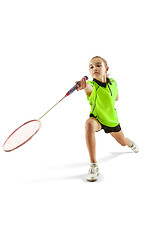 Image showing one caucasian young teenager girl woman playing Badminton player isolated on white background