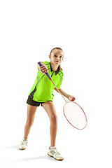 Image showing one caucasian young teenager girl woman playing Badminton player isolated on white background