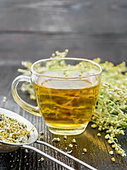 Image showing Tea of gray wormwood in glass cup with strainer on dark board