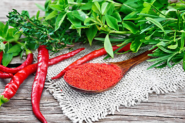 Image showing Peppers red powder in wooden spoon on board