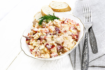 Image showing Salad with chicken and vegetables in plate on white board