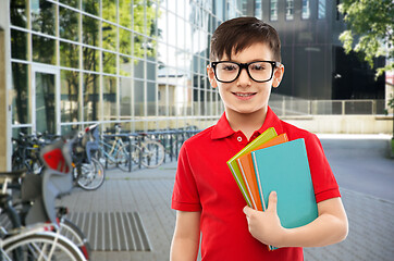 Image showing smiling schoolboy in glasses with books