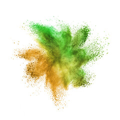 Image showing Creative colorful powder or dust explosion on a white background.