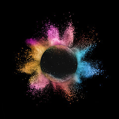 Image showing Rainbow powder splash in round frame on a black background.