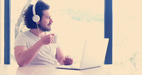 Image showing man drinking coffee enjoying relaxing lifestyle