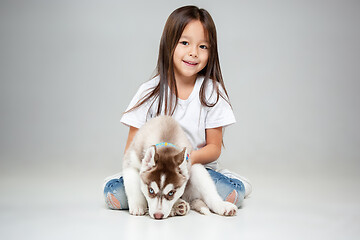 Image showing Portrait of a joyful little girl having fun with siberian husky puppy on the floor at studio