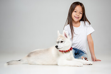 Image showing Portrait of a joyful little girl having fun with siberian husky puppy on the floor at studio