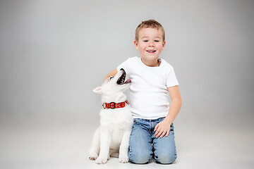 Image showing Portrait of a joyful little boy having fun with siberian husky puppy on the floor at studio