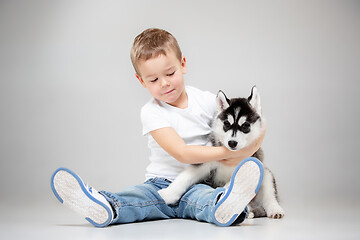 Image showing Portrait of a joyful little boy having fun with siberian husky puppy on the floor at studio