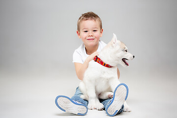 Image showing Portrait of a joyful little boy having fun with siberian husky puppy on the floor at studio