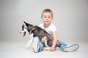 Image showing Portrait of a joyful little boy having fun with siberian husky puppy on the floor at studio