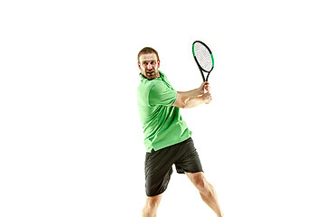 Image showing one caucasian man playing tennis player isolated on white background