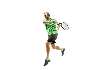 Image showing one caucasian man playing tennis player isolated on white background