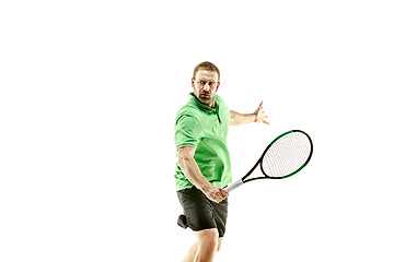 Image showing one caucasian man playing tennis player isolated on white background