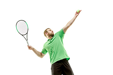 Image showing one caucasian man playing tennis player isolated on white background