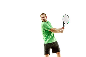 Image showing one caucasian man playing tennis player isolated on white background