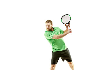 Image showing one caucasian man playing tennis player isolated on white background