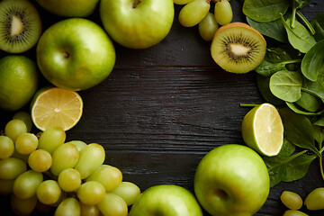 Image showing Mixed green fruits and vegetables placed on black wooden table