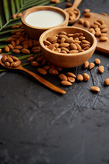 Image showing Close up of Almonds in wooden bowl and almond milk