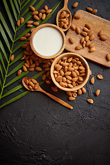 Image showing Close up of Almonds in wooden bowl and almond milk