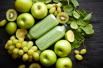 Image showing Fresh fruits and vegetables in green color concept