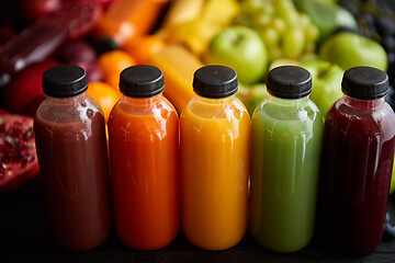 Image showing Colorful bottles filled with fresh fruit and vegetable juice or smoothie