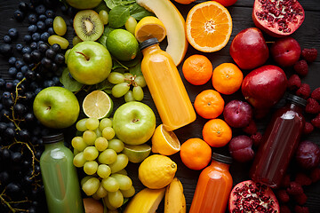 Image showing Healthy food concept. Various mixed fruits, vegetables and juices formed in rainbow