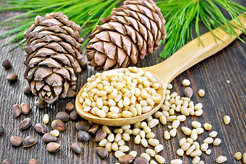 Image showing Cedar nuts peeled in spoon on wooden board