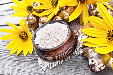 Image showing Flour of Jerusalem artichoke in bowl on old board