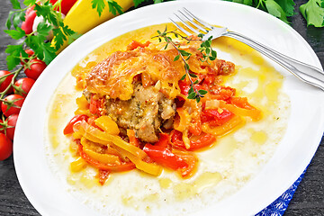 Image showing Chicken with pepper in white plate on board