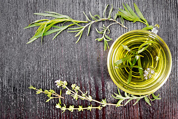 Image showing Tea herbal in cup frame on board