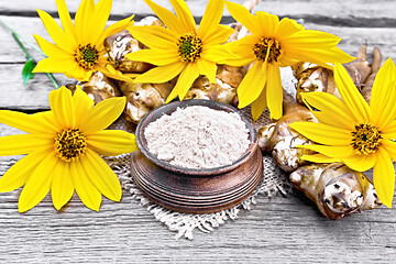 Image showing Flour of Jerusalem artichoke in bowl on burlap