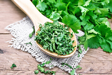 Image showing Cilantro dried in spoon on old board