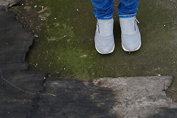 Image showing Woman standing on the moss at the old wood trunk