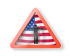 Image showing Warning sign with black man\'s figure on the American flag.