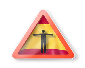 Image showing Warning sign with black man\'s figure on the Spanish flag.