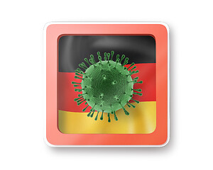 Image showing Warning sign with bacteria of Coronavirus on the German flag.