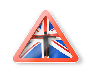 Image showing Warning sign with man\'s figure on the British flag.