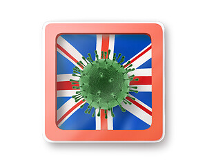 Image showing Warning sign with bacteria of Coronavirus on the British flag.