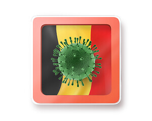 Image showing Warning sign with Bacteria of Coronavirus on the Belgian flag.