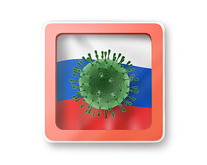 Image showing Warning sign with bacteria of Coronavirus on the Russian flag.