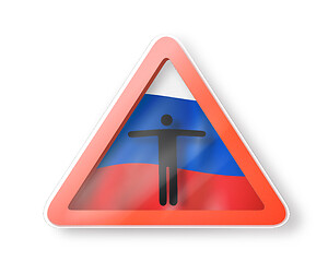 Image showing Warning sign with white man\'s figure on the Russian flag.