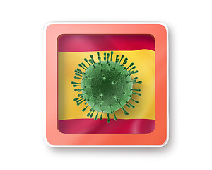 Image showing Warning sign with molecula of Coronavirus on the Spanish flag.