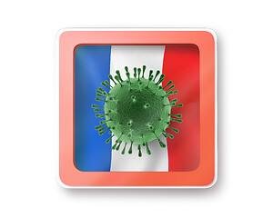 Image showing Warning sign with bacteria of Coronavirus on the French flag.