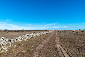 Image showing Tracks by an old dry stone wall in a plain grassland