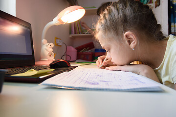 Image showing The girl is studying at home remotely while in her room