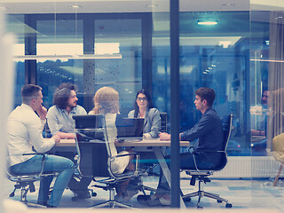 Image showing Startup Business Team At A Meeting at modern night office buildi