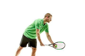 Image showing one caucasian man playing tennis player isolated on white background