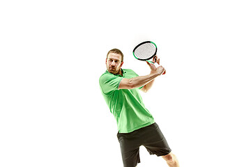 Image showing one caucasian man playing tennis player isolated on white background