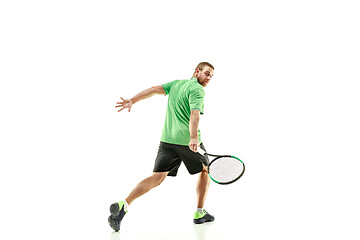 Image showing one caucasian man playing tennis player isolated on white background